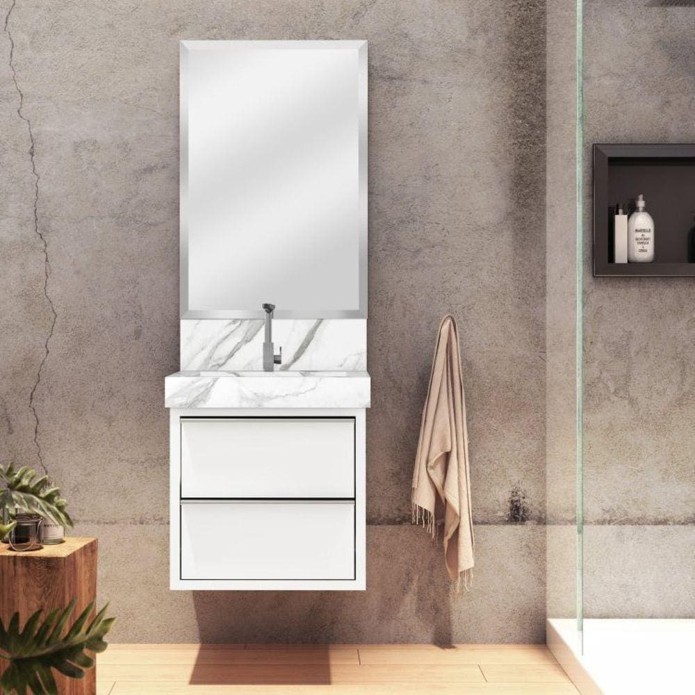 Conjunto para Banheiro 1 Espelho Bisotê 1 Gabinete TOP 1 Lavatório com Cuba Blu Bumi Calacata/Branco
