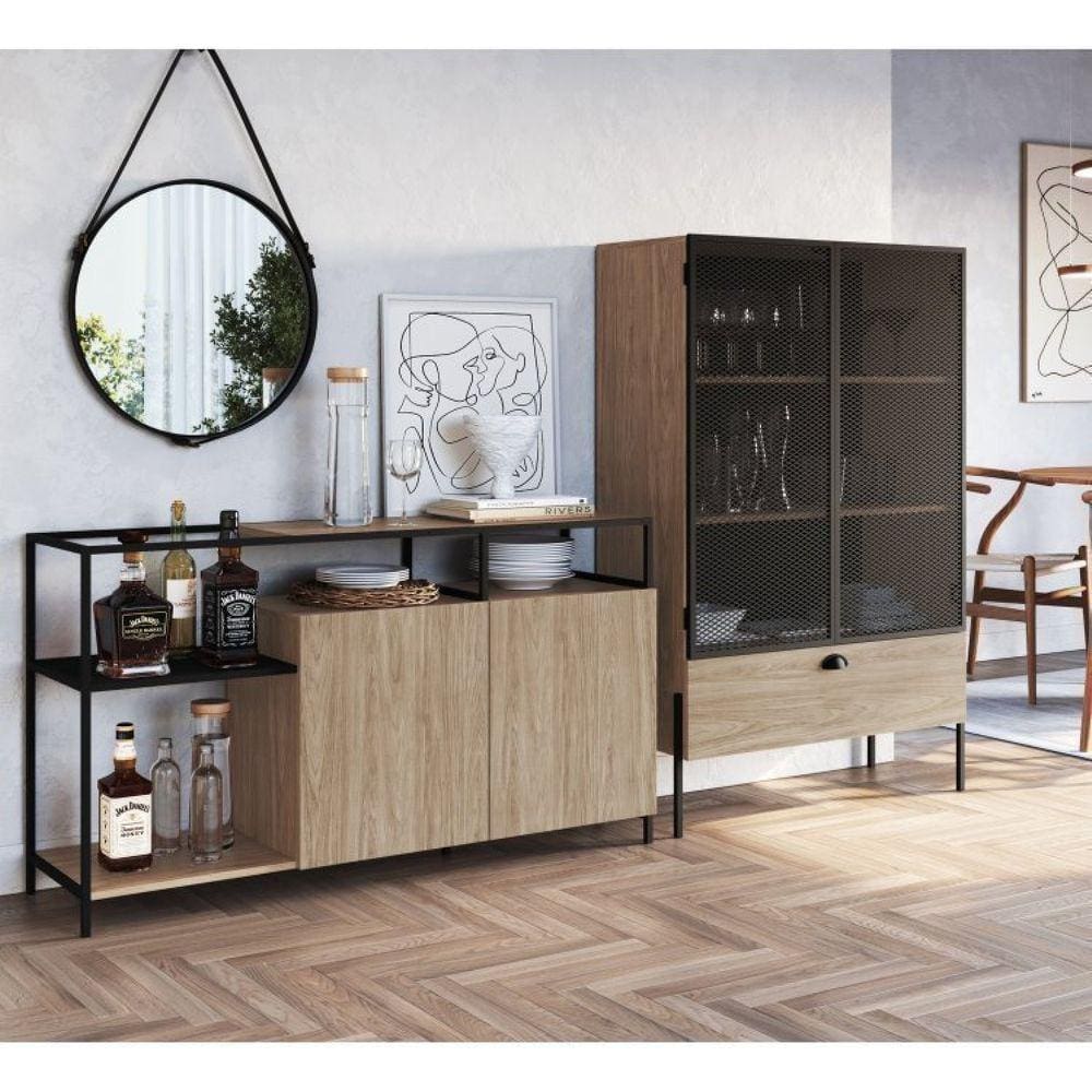 Conjunto Sala de Jantar Cristaleira e Balcão Buffet York Industrial Artesano Hanover/Preto
