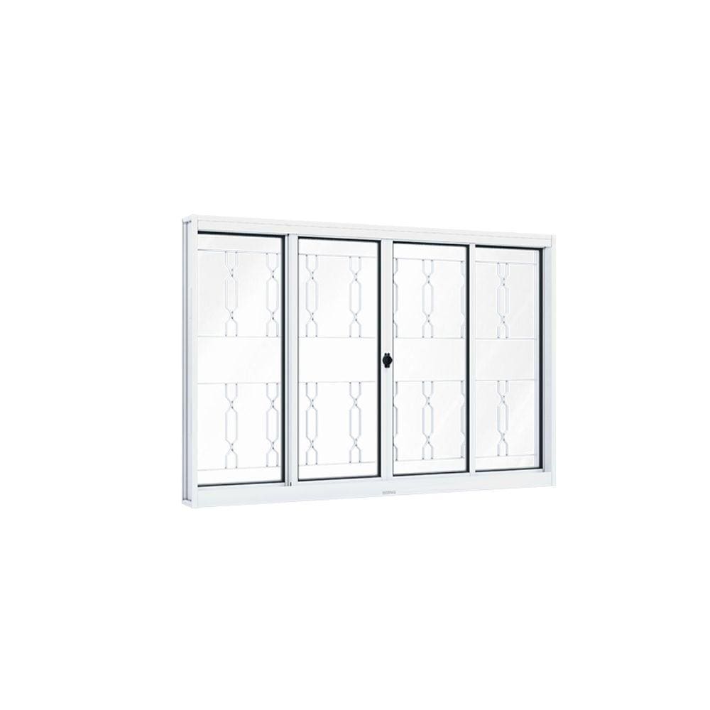 Janela de Aço de Correr 100x100cm 4 Folhas com Grade Mosaico e Vidro Liso Riobras Branco