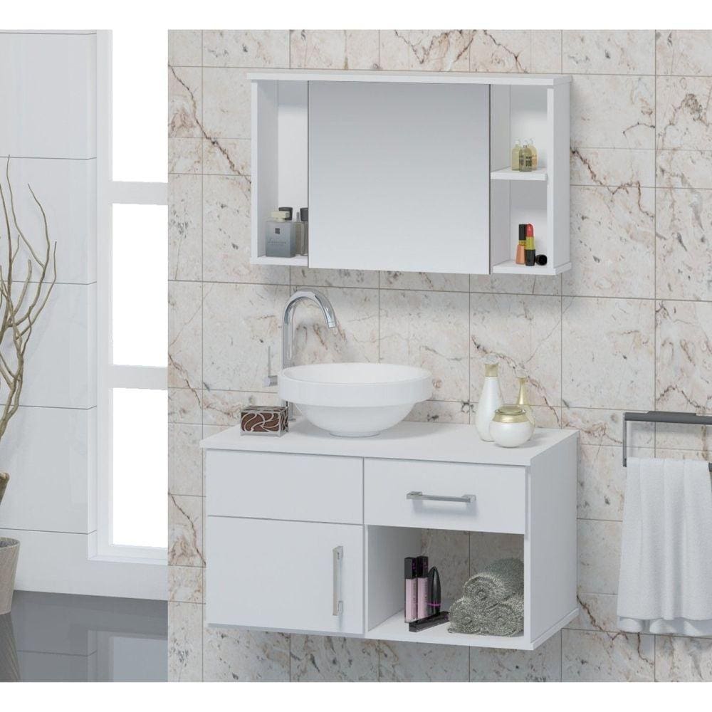 Conjunto Gabinete Para Banheiro com Cuba e Espelheira Stilo Contarini Branco