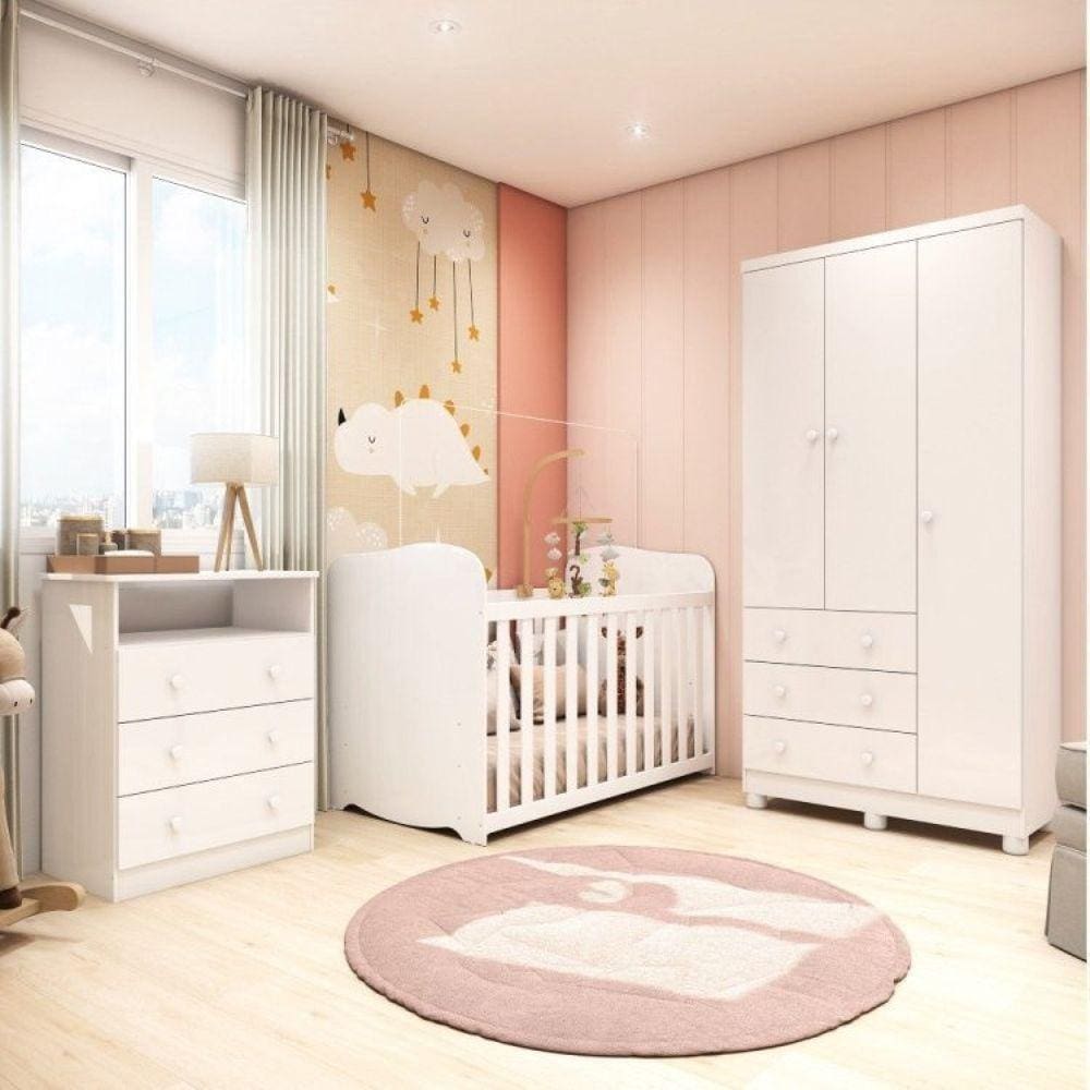 Quarto de Bebê Completo com Guarda Roupa 3 Portas Cômoda e Berço Pega-Pega 100% MDF Branco Brilho