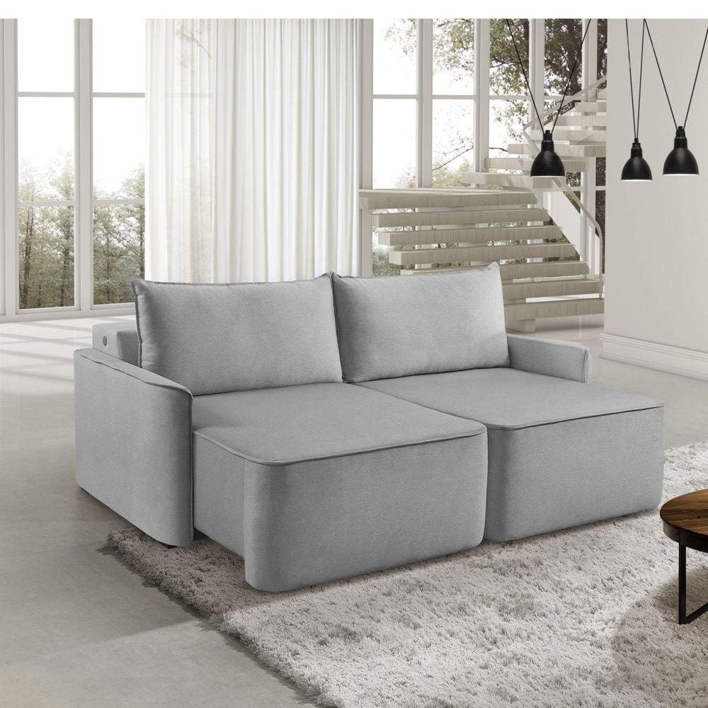 Sofá Retrátil 220cm com Kit Entrada USB 4 Lugares Moon 2323 Estofart Cinza