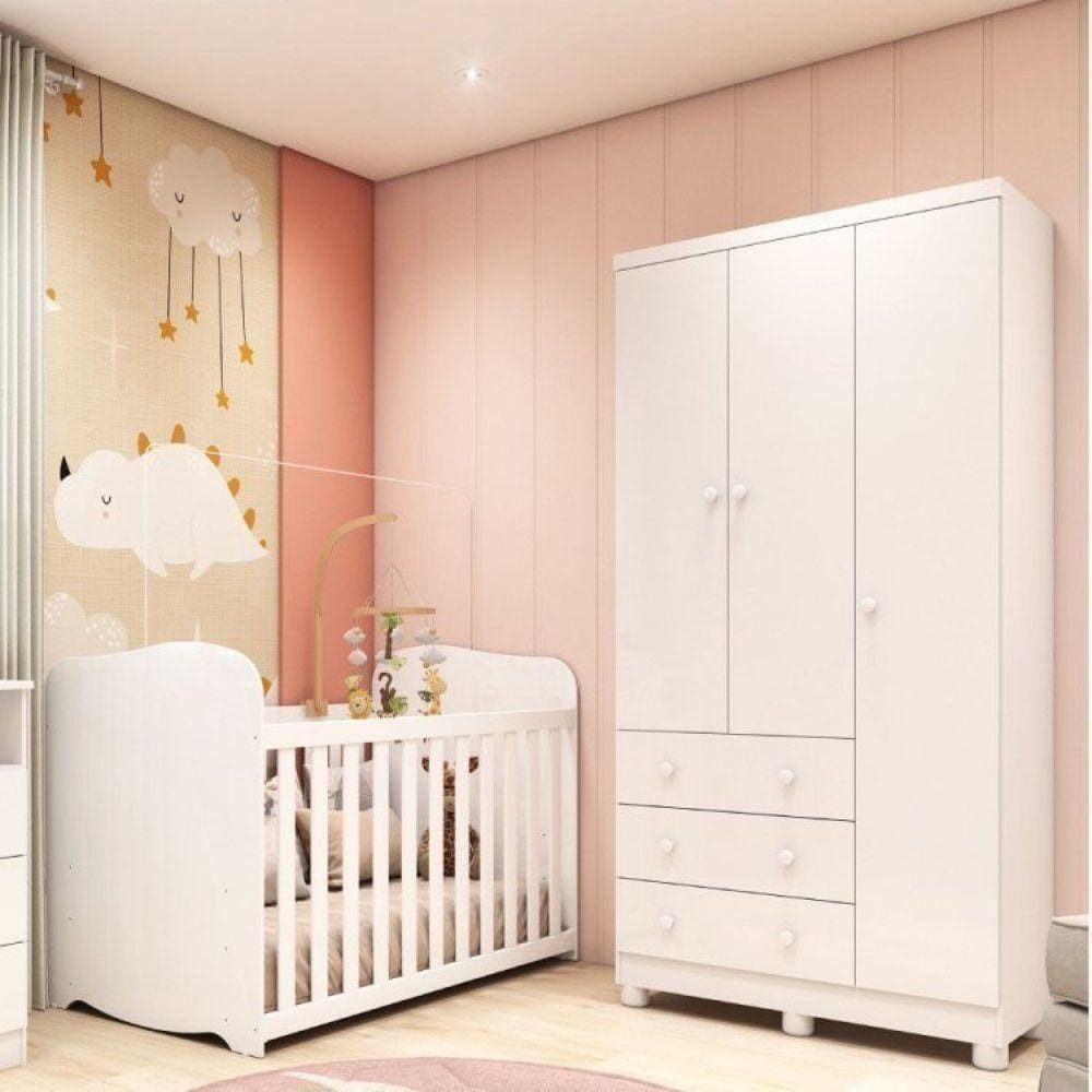 Quarto de Bebê com Guarda Roupa 3 Portas e Berço 100% MDF Pega-Pega Branco Brilho
