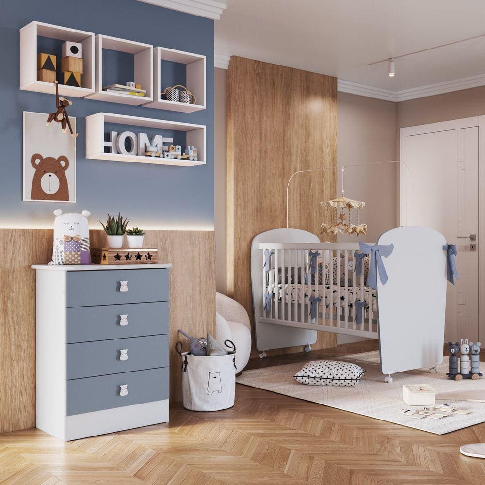 Quarto de Bebê Completo Cômoda 4 Gavetas com Berço Arco-Íris Branco/Azul