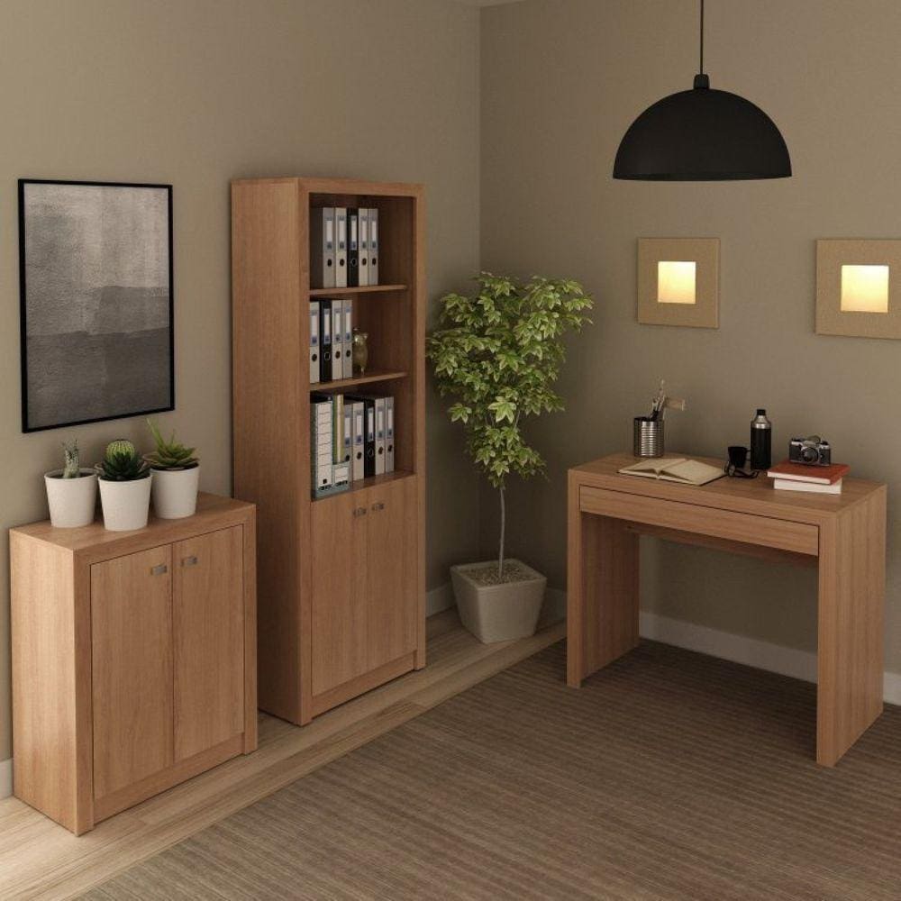 Conjunto Home Office 3 Peças Mesa, Estante 2 Portas e Balcão 2 Portas Espresso Móveis Amendoa