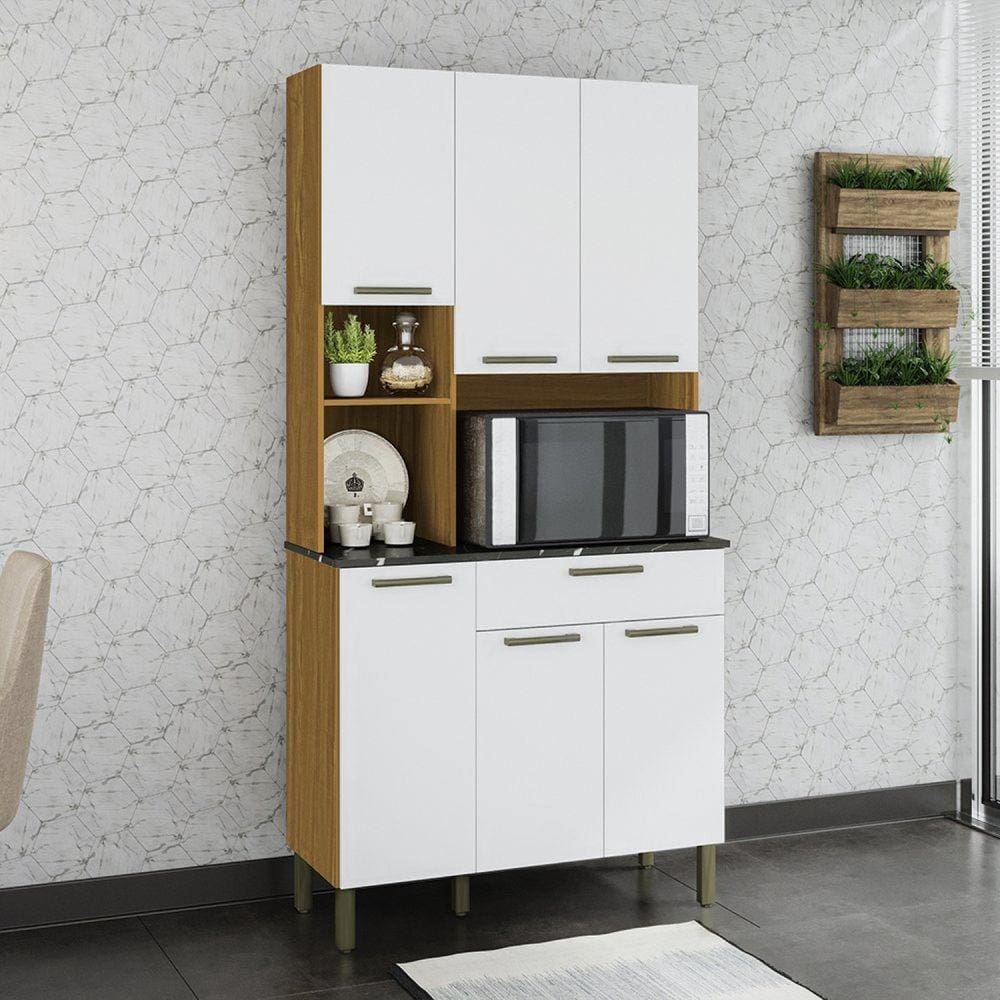 Cozinha Compacta com 6 Portas 1 Gaveta e Espaço para Micro-ondas 100% Mdf San Marino Espresso Móveis Amêndoa/Branco