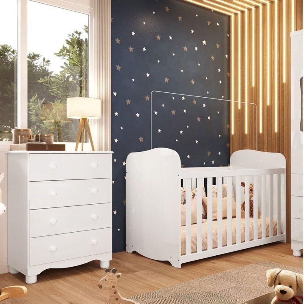 Quarto de Bebê com Cômoda 4 Gavetas e Berço com Rodízio Mimo 100% Mdf Branco Brilho
