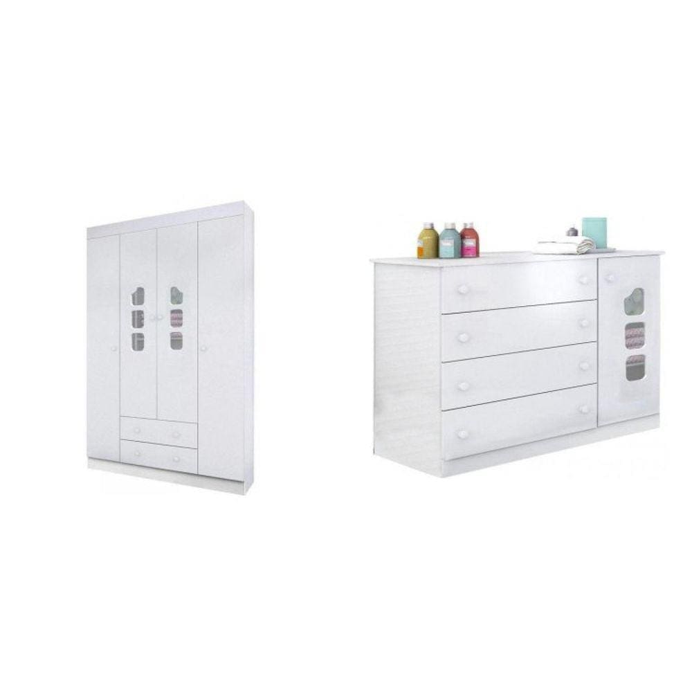 Guarda-Roupas 4 Portas 2 Gavetas e Cômoda 4 Gavetas 1 Porta Lívia Phoenix Baby Branco
