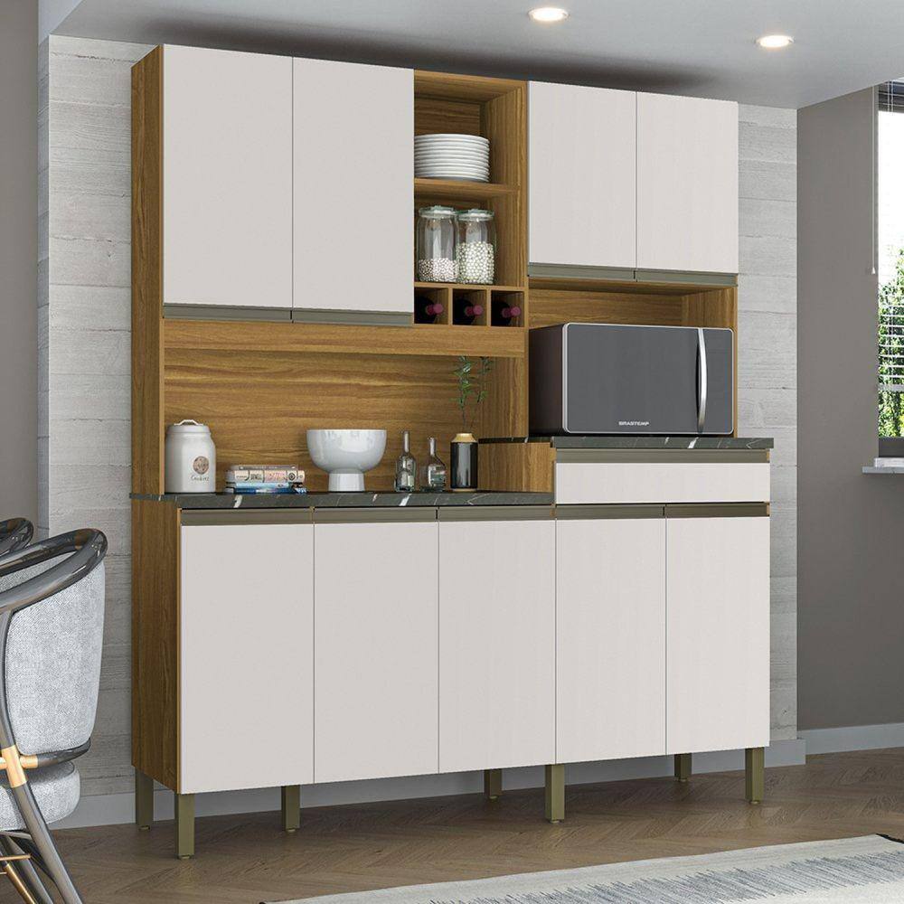 Cozinha Compacta com 9 Portas 1 Gaveta e Espaço para Micro-ondas 100% Mdf Romaperfil Espresso Móvei Amêndoa/Off White