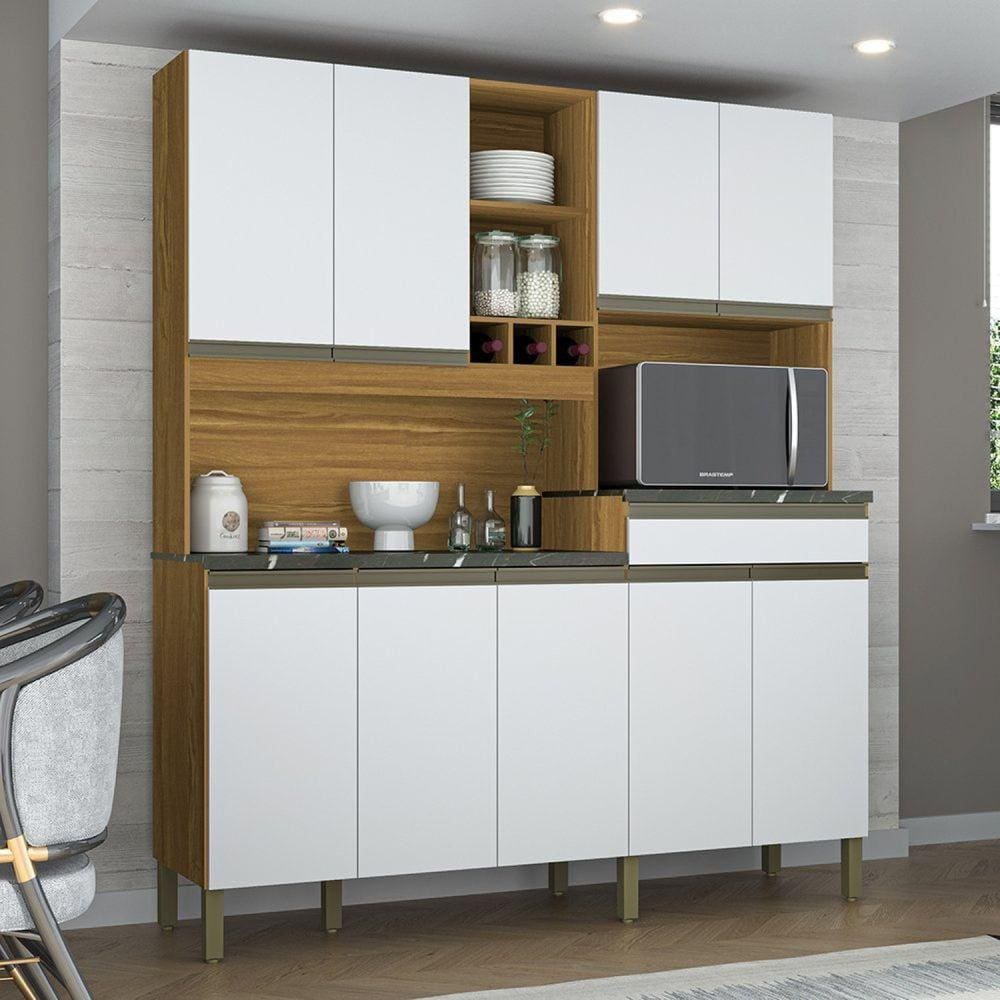 Cozinha Compacta com 9 Portas 1 Gaveta e Espaço para Micro-ondas 100% Mdf Romaperfil Espresso Móvei Amêndoa/Branco