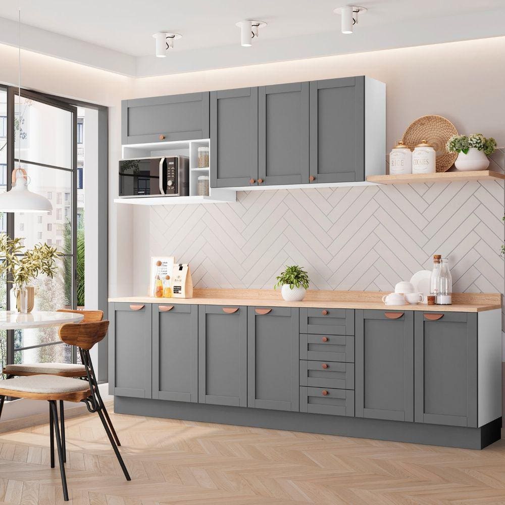 Cozinha Modulada 6 Peças com Tampo 3 Aéreos 3 Balcões Arizona CabeCasa MadeiraMadeira Branco/Cinza