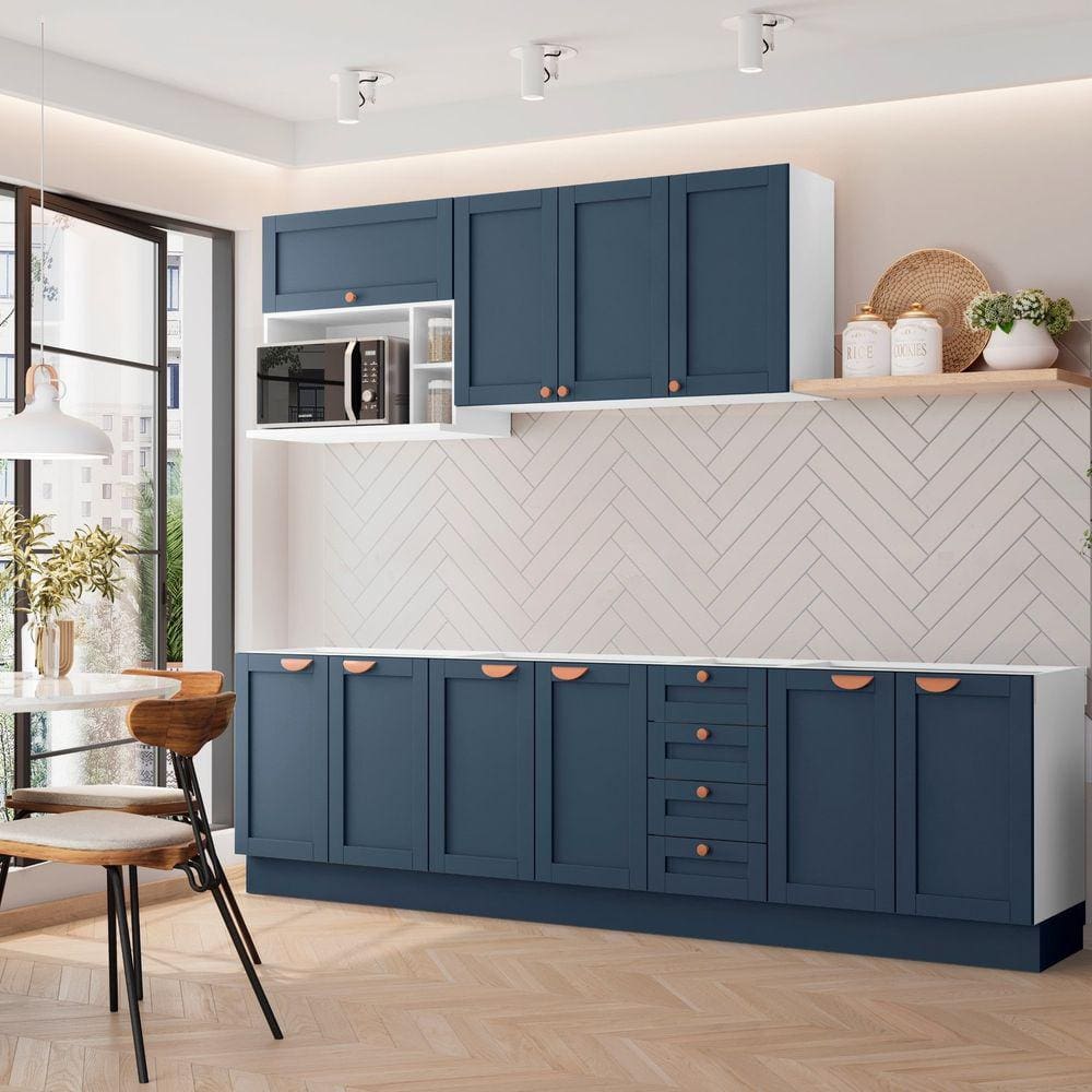 Cozinha Modulada 6 Peças Sem Tampo 3 Aéreos 3 Balcões Arizona CabeCasa MadeiraMadeira Branco/Azul