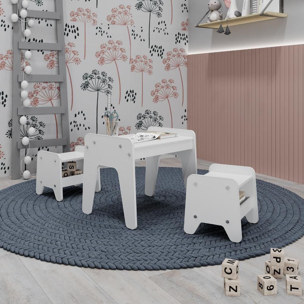 Conjunto Infantil 3 Peças 1 Mesa com 2 Banquinhos Branco