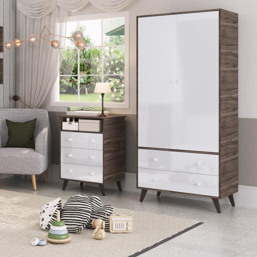 Quarto de Bebê Completo Guarda Roupa 2 Portas 2 Gavetas com Cômoda 3 Gavetas 1 Nicho Nuvem Móveis Percasa Carvalho/Branco