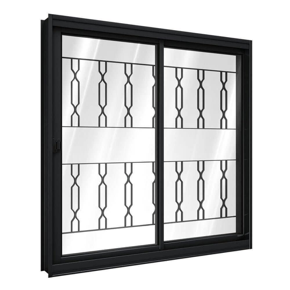 Janela de Aço de Correr Lateral 1 Folha Móvel e 1 Folha Fixa com Grade Mosaico 100x120cm Aço Pronto Riobras Preto