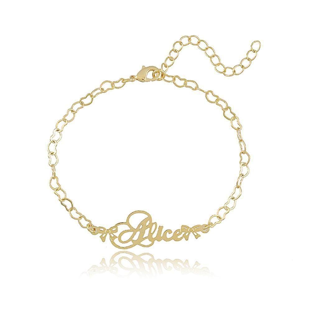 Pulseira Com Corrente De Coração E Nome Folheado Em Ouro 18k [f027]