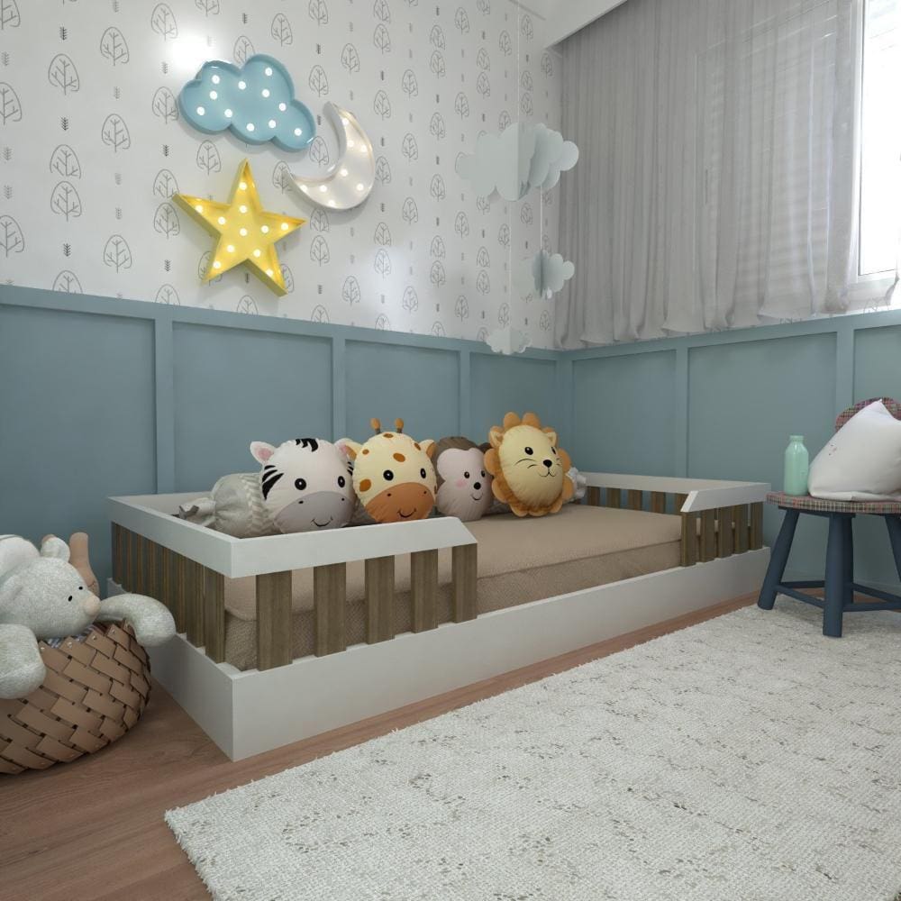 Kit com Cama Solteiro e Armário Baixo Montessoriano Yescasa Branco/Carvalho Marrom