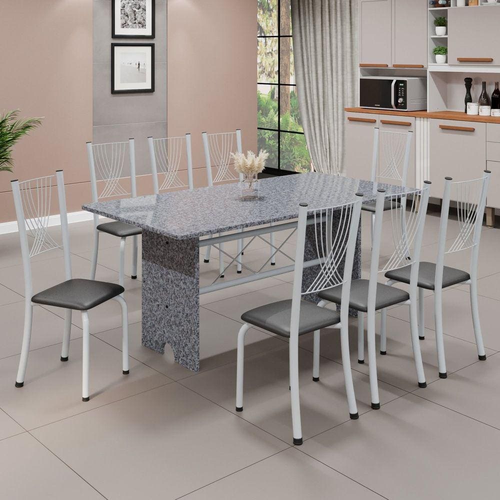 Conjunto de Mesa Tampo de Granito Ocre com 8 Cadeiras Lorena Preto Liso/Branco