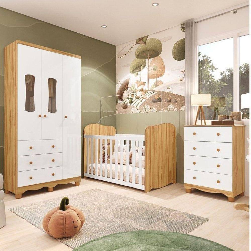 Quarto de Bebê Completo Guarda Roupas 3 Portas Janeladas Cômoda 4 Gavetas e Berço 100% Mdf Lana Branco Brilho/Amêndoa