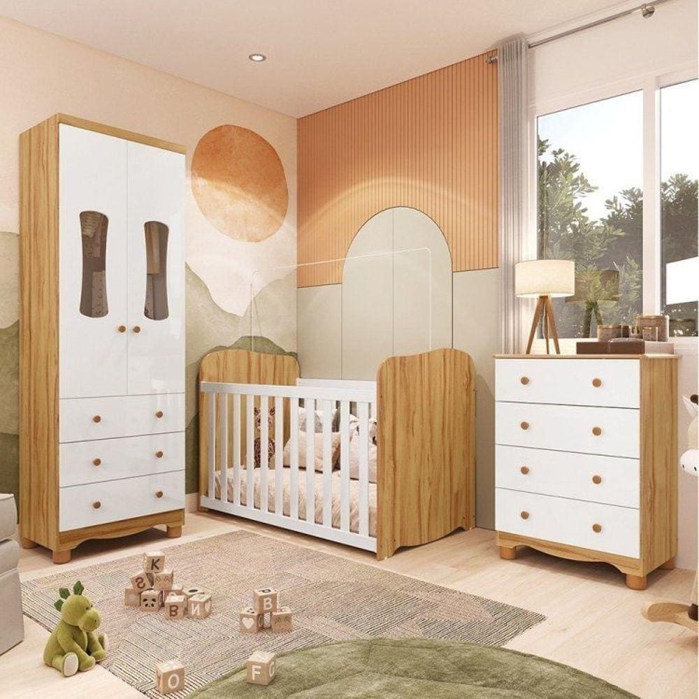 Quarto de Bebê Completo Guarda Roupa 2 Portas Janeladas e Cômoda 7 Gavetas e Berço 100% Mdf Lana Branco Brilho/Amêndoa