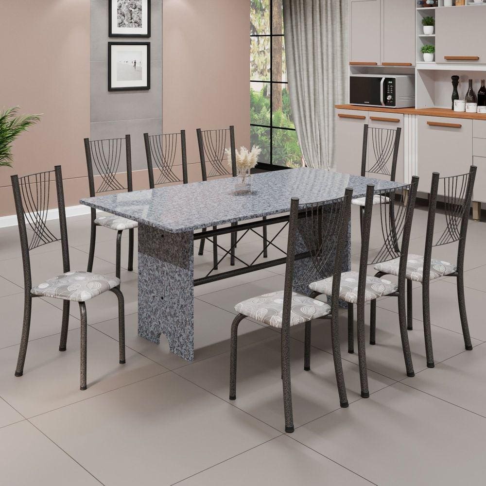 Conjunto de Mesa Tampo de Granito Ocre com 8 Cadeiras Lorena Yescasa Paraopeba/Mart Prata