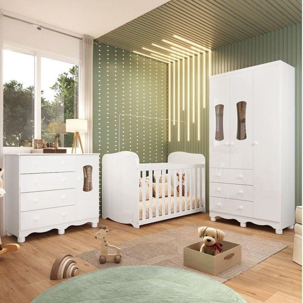 Quarto de Bebê Completo Guarda Roupa 3 Portas Cômoda 4 Gavetas e Berço 100% MDF Lana Espresso Móveis Branco Brilho