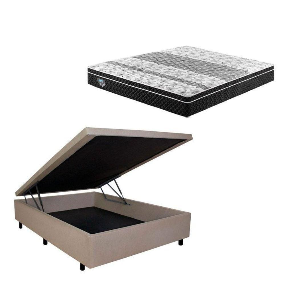 Cama Box Baú Casal 138x188cm em Courino com Colchão GranSleep Molas Verticoil Ecoflex Bege/Preto