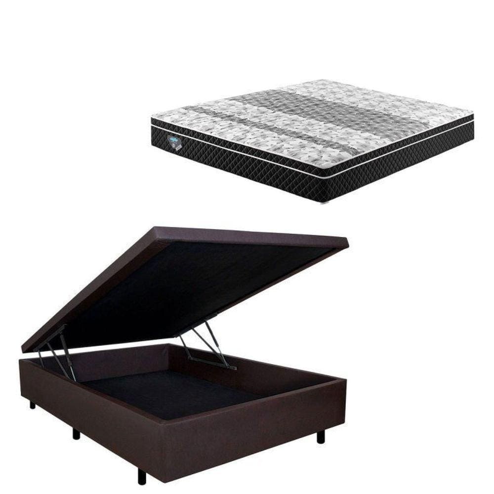 Cama Box Baú Casal 138x188cm em Courino com Colchão GranSleep Molas Verticoil Ecoflex Marrom/Preto