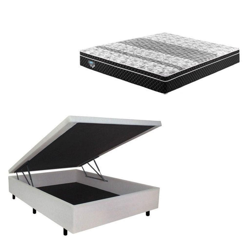 Cama Box Baú Casal 138x188cm em Courino com Colchão GranSleep Molas Verticoil Ecoflex Areia/Preto