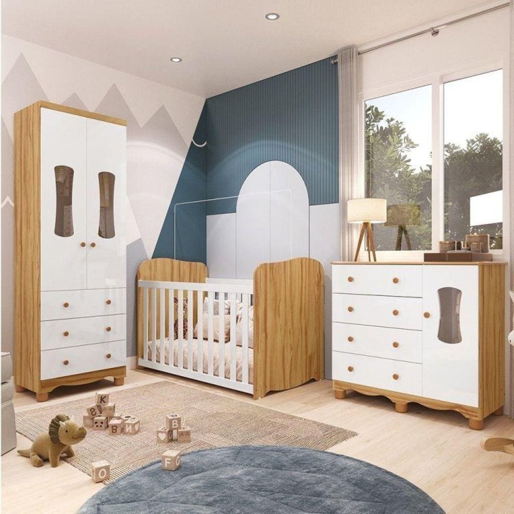 Quarto de Bebê Completo Guarda Roupa Cômoda 3 Portas Janeladas e Berço 100% Mdf Lana Branco Brilho/Amêndoa