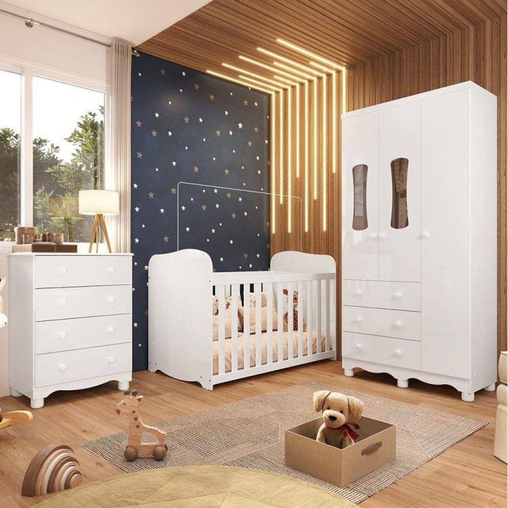 Quarto de Bebê Completo Guarda Roupas 3 Portas Janeladas Cômoda 4 Gavetas e Berço 100% Mdf Lana Branco Brilho