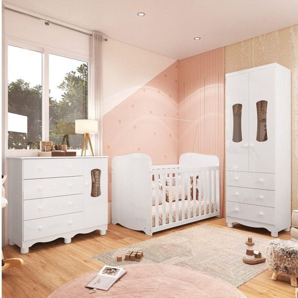 Quarto de Bebê Completo Guarda Roupa Cômoda 3 Portas Janeladas e Berço 100% Mdf Lana Branco Brilho