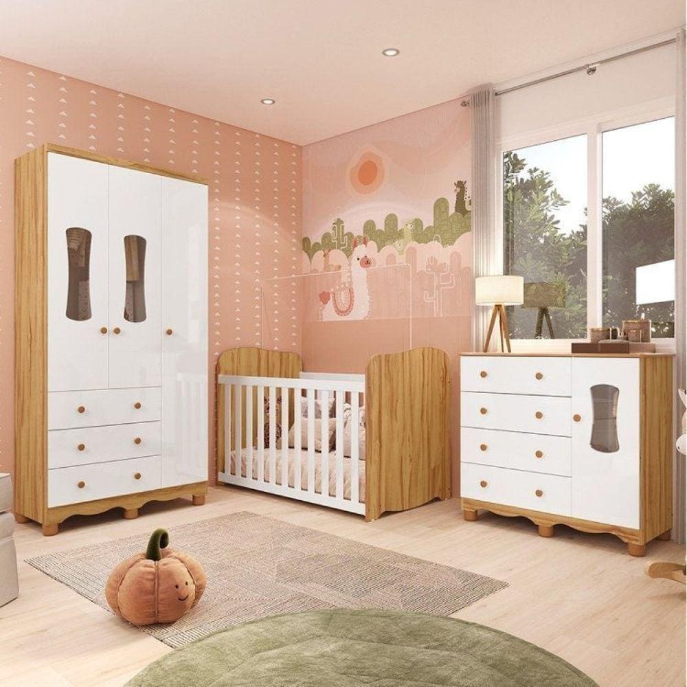 Quarto de Bebê Completo Guarda Roupa 3 Portas Cômoda 4 Gavetas e Berço 100% MDF Lana Espresso Móveis Branco Brilho/Amêndoa