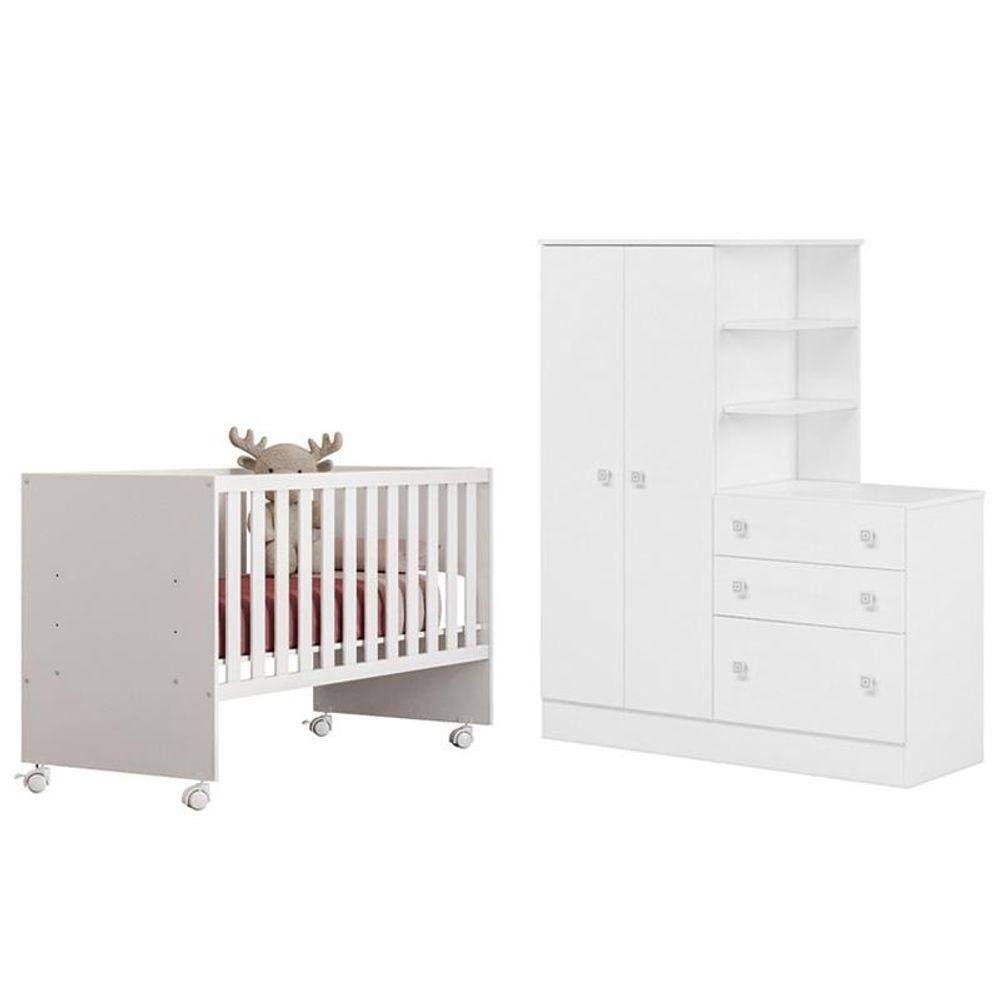 Jogo de Quarto Doce Sonho Guarda Roupa, Cômoda e Berço Reto Branco - Qmovi