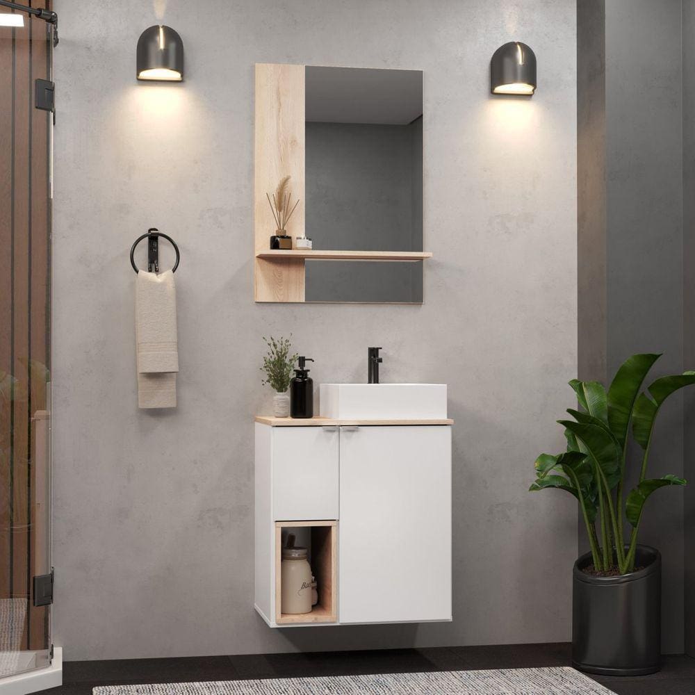 Gabinete Suspenso com Cuba e Espelheira 60cm Lisboa Móveis Bosi Branco/Faia