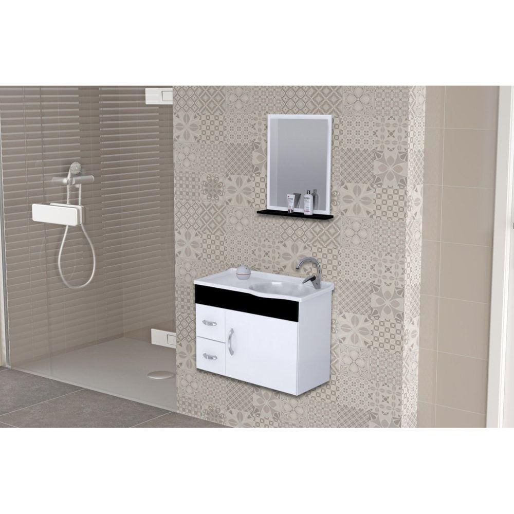 Conjunto Gabinete de Banheiro Suspenso 55cm 2 Gavetas e 1 Porta Cuba e Espelheira Siena Preto