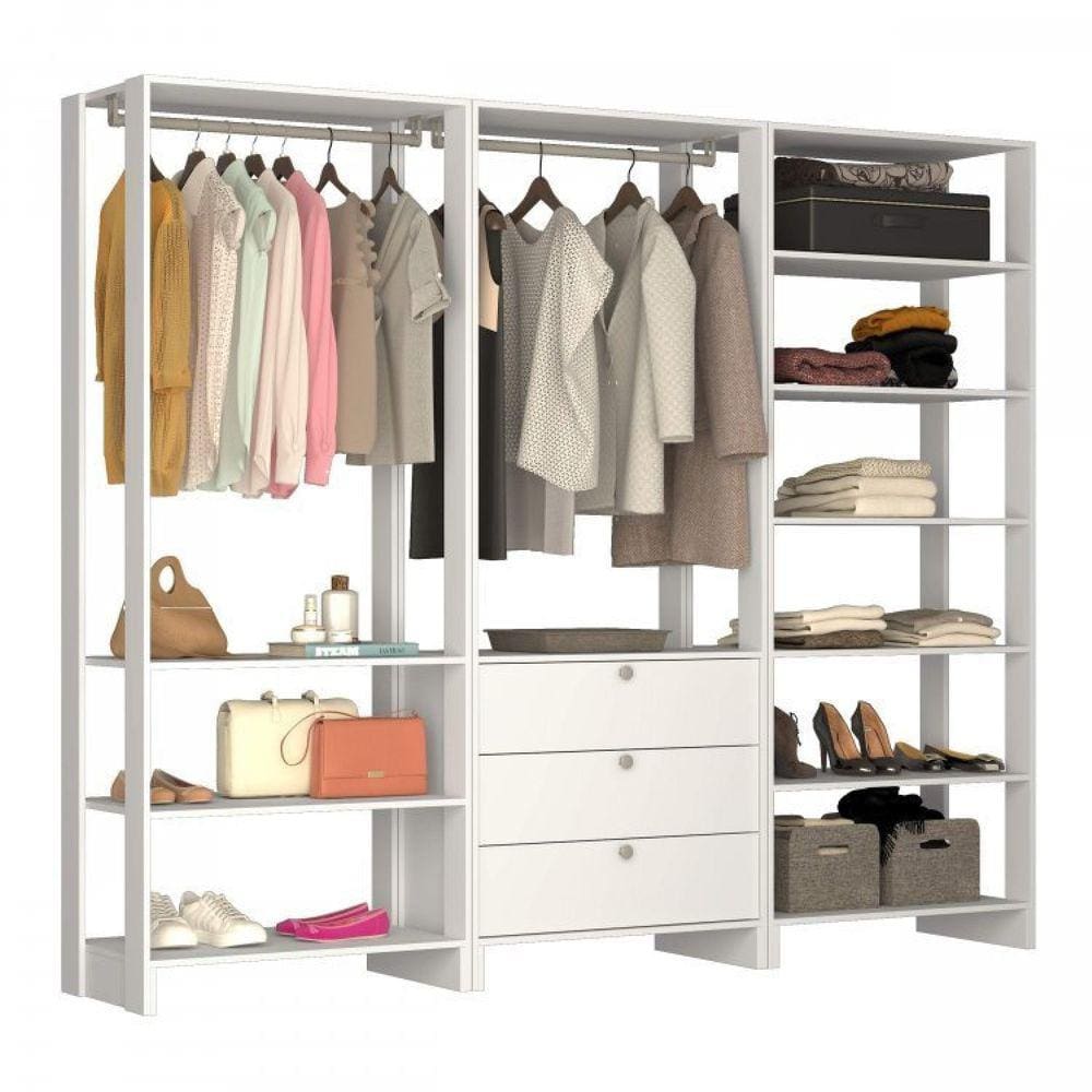 Closet Modulado 3 Peças com 2 Cabideiros 3 Gavetas e 10 Nichos Yes Nova Mobile Branco