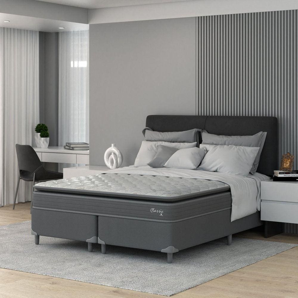 Cama Box Queen D40 Classic C Pillow 158x198x54cm Montreal Branco/Cinza Marrom/Bege