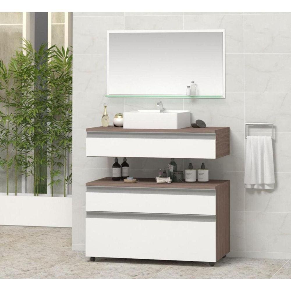 Gabinete para Banheiro com Cuba e Espelheira 80cm Safira Contarini Branco