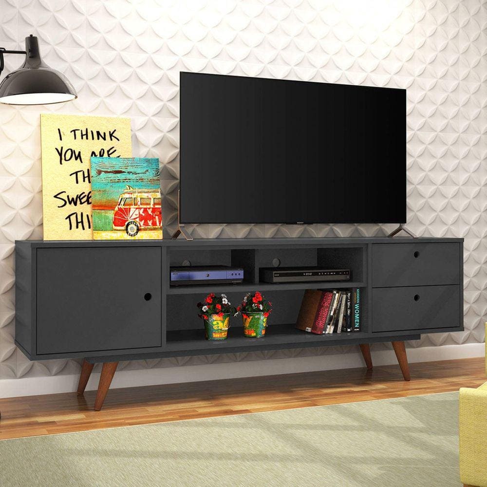 Rack para TV até 55 Polegadas 1 Porta 2 Gavetas Retrô Olivar Preto Ac