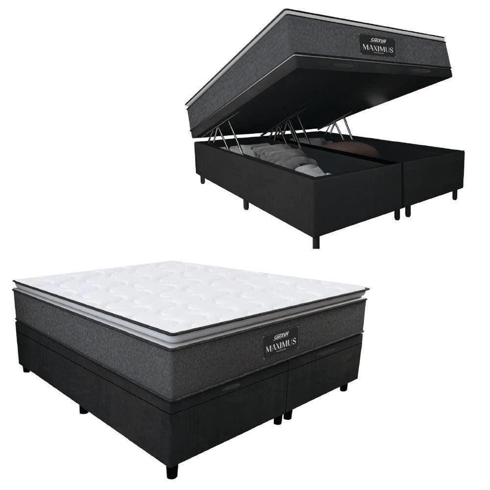 Cama Box Baú Casal Queen Colchão Molas Ensacadas Pillow Top Maximus 158x198x69cm Cinza / Preto
