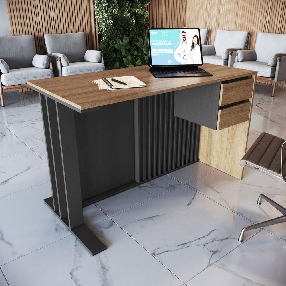Mesa Escrivaninha Office 120cm Ripada com 2 Gavetas Mel/Grafite
