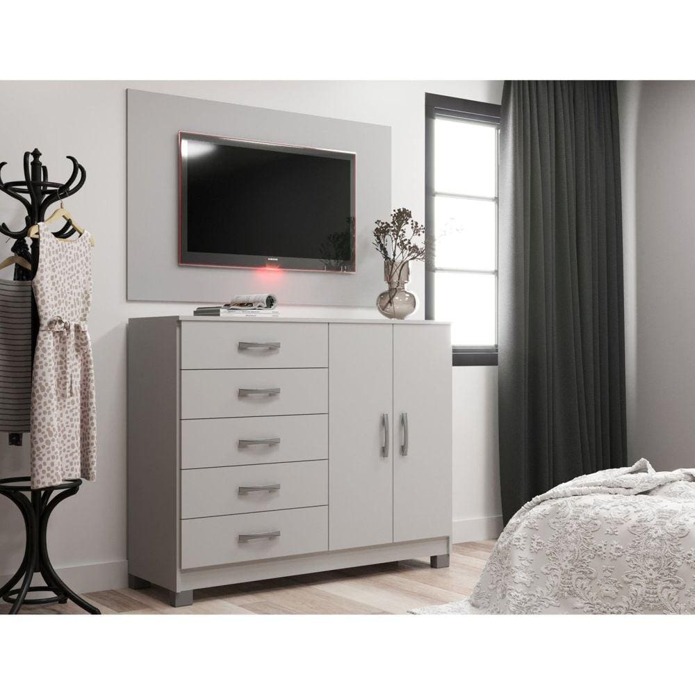 Cômoda Sapateira 2 Portas 5 Gavetas com Pés + Painel para Tv até 55 Polegadas Branco