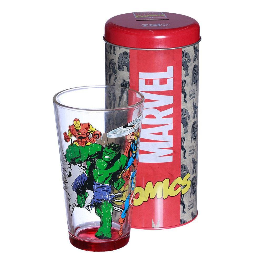 Marvel Comics Kit Copo De Vidro 500ml + Cofre Metal Oficial Marvel