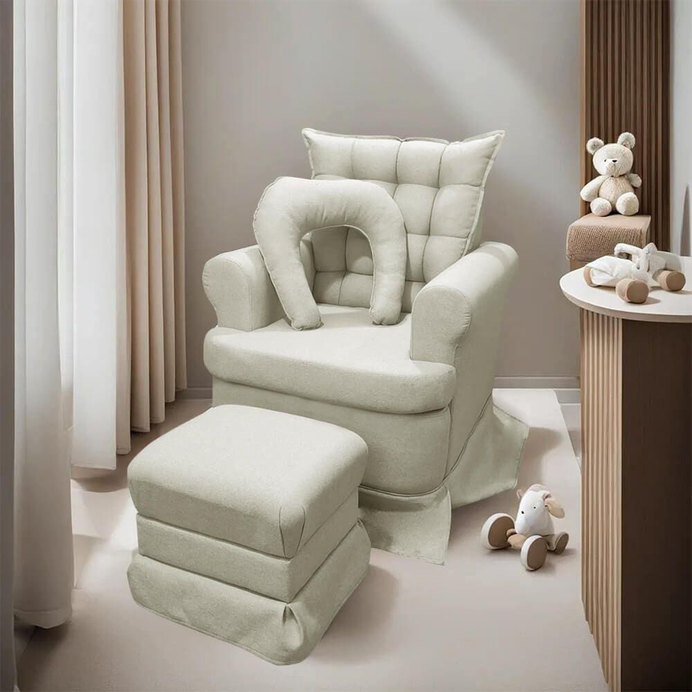 Poltrona da Mamãe com Balanço e Puff tecido Linho Bouclê Dourado Luxo SOFA STORE