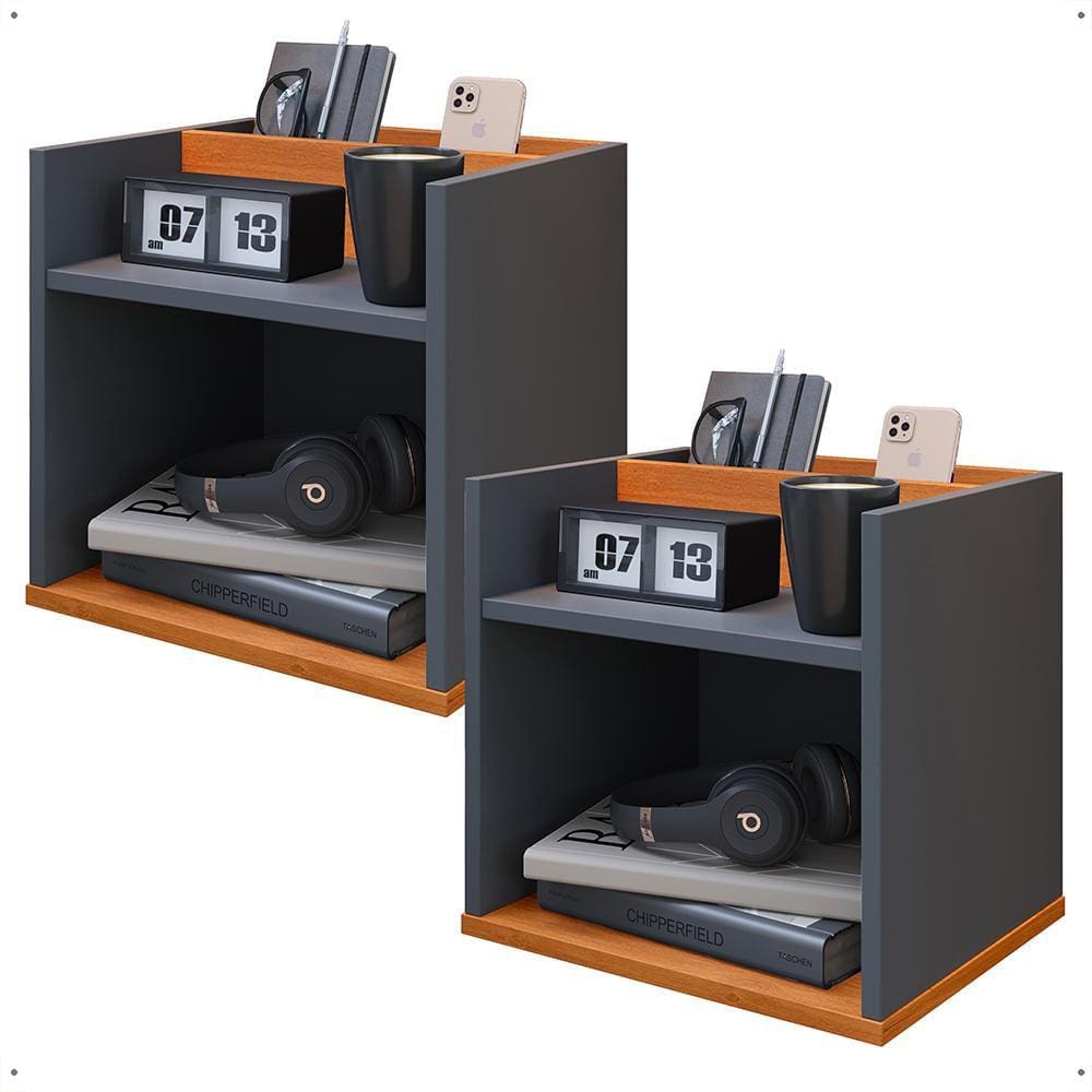 Kit 2 Mesinhas Decorativas Quarto Mesa de Cabeceira Madri Suspensa Divisória Organizadora Nicho - Cinza/Cinamomo - RPM Móveis