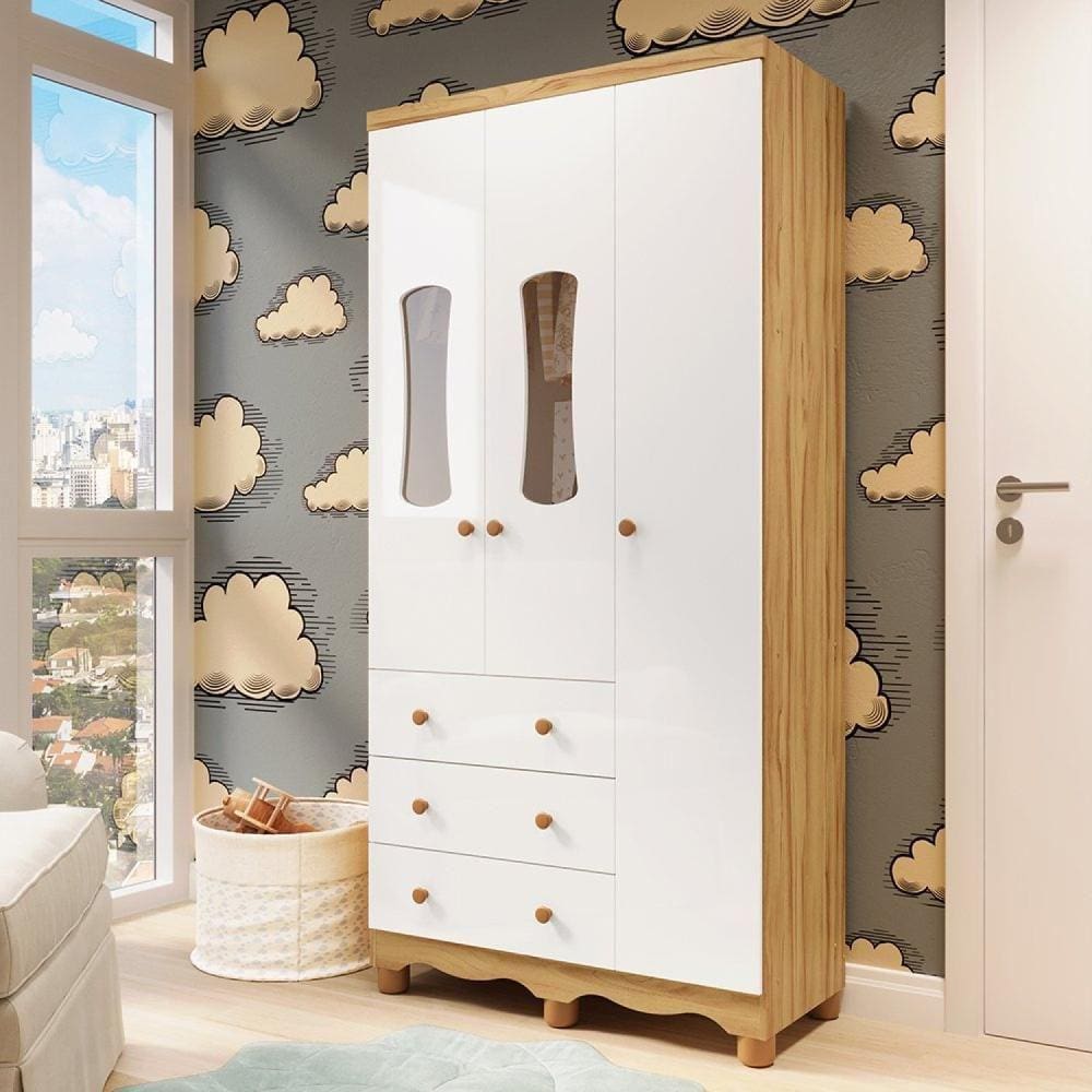 Guarda-Roupa de Bebê 2 Portas com Janela 3 Gavetas 100% MDF Lana Espresso Móveis Branco Brilho/Amêndoa