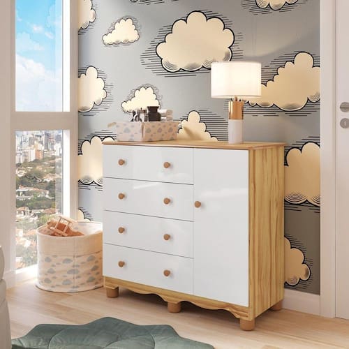 imagem-Cômoda de Bebê com 1 Porta e 4 Gavetas 100% MDF Mimo Branco Brilho/Amêndoa