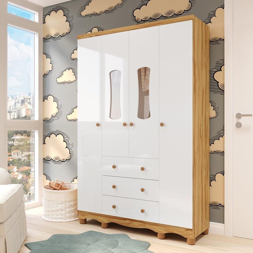 Guarda-Roupa de Bebê 2 Portas com Janela 3 Gavetas 100% MDF Lana Espresso Móveis Branco Brilho/Amêndoa