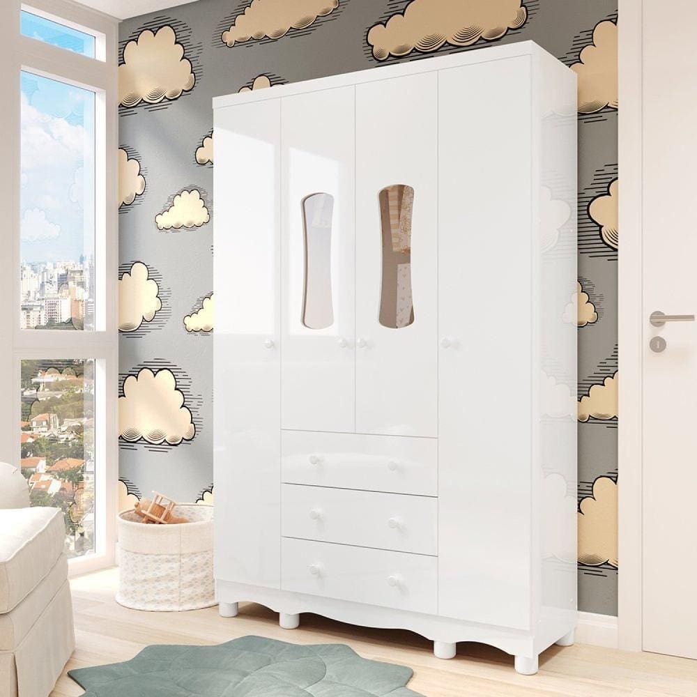 Guarda-Roupa de Bebê 2 Portas com Janela 3 Gavetas 100% MDF Lana Espresso Móveis Branco Brilho